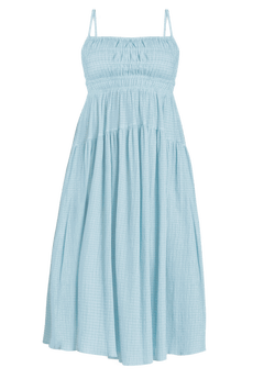 Maxi Dress, Smocked Tiered for Women, Light Blue Green Stripe 