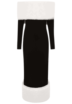 black dress with white fur trim COMFY COZY FUR TRIM MINI DRESS IN BLACK – AKIRA