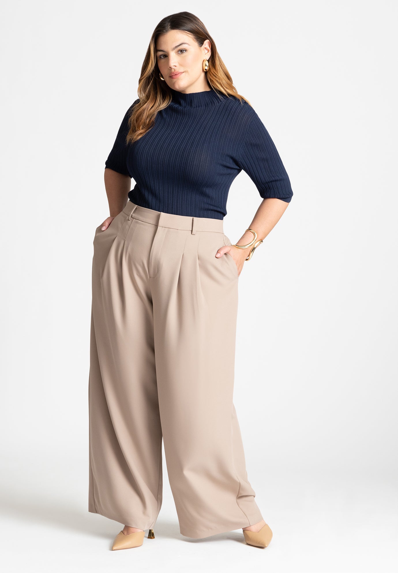 Plus Size Stretch Deco Crepe Wide-Leg Pants, Limestone