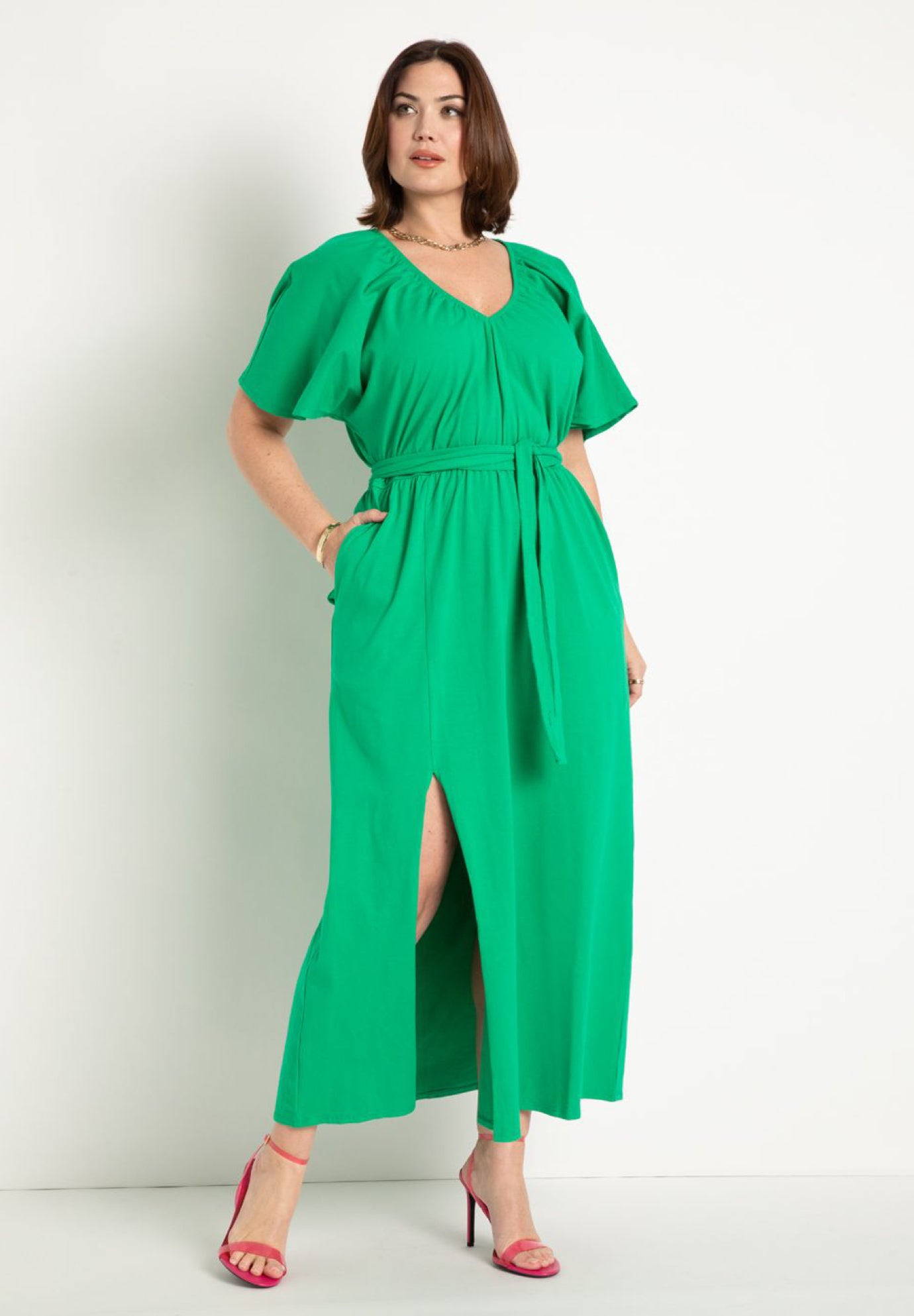 V-neck Knit Maxi Dress With Slit, 4475968 | ELOQUII