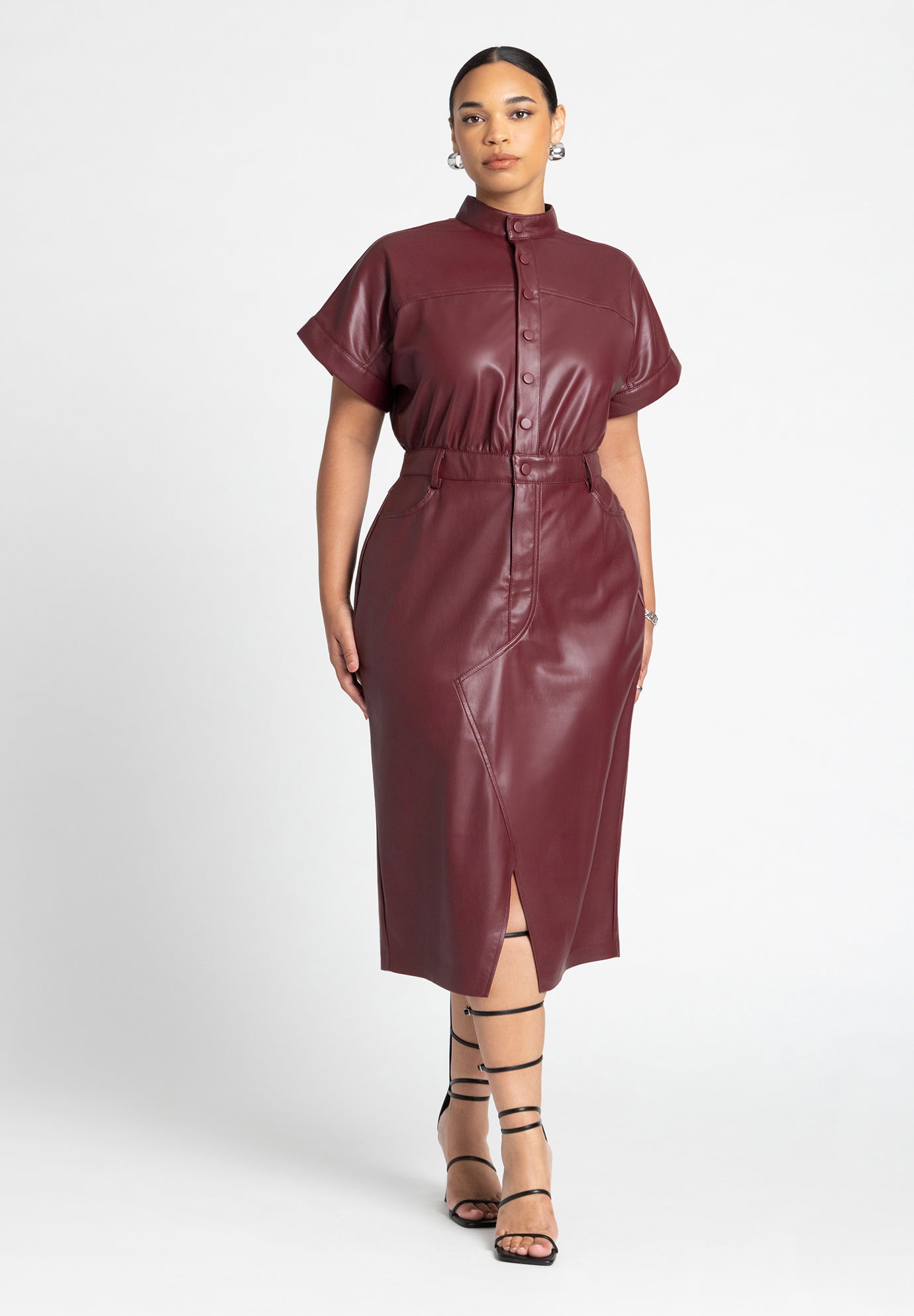 Leather Midi Dress with Relaxed Bodice, Tawny Port | ELOQUII