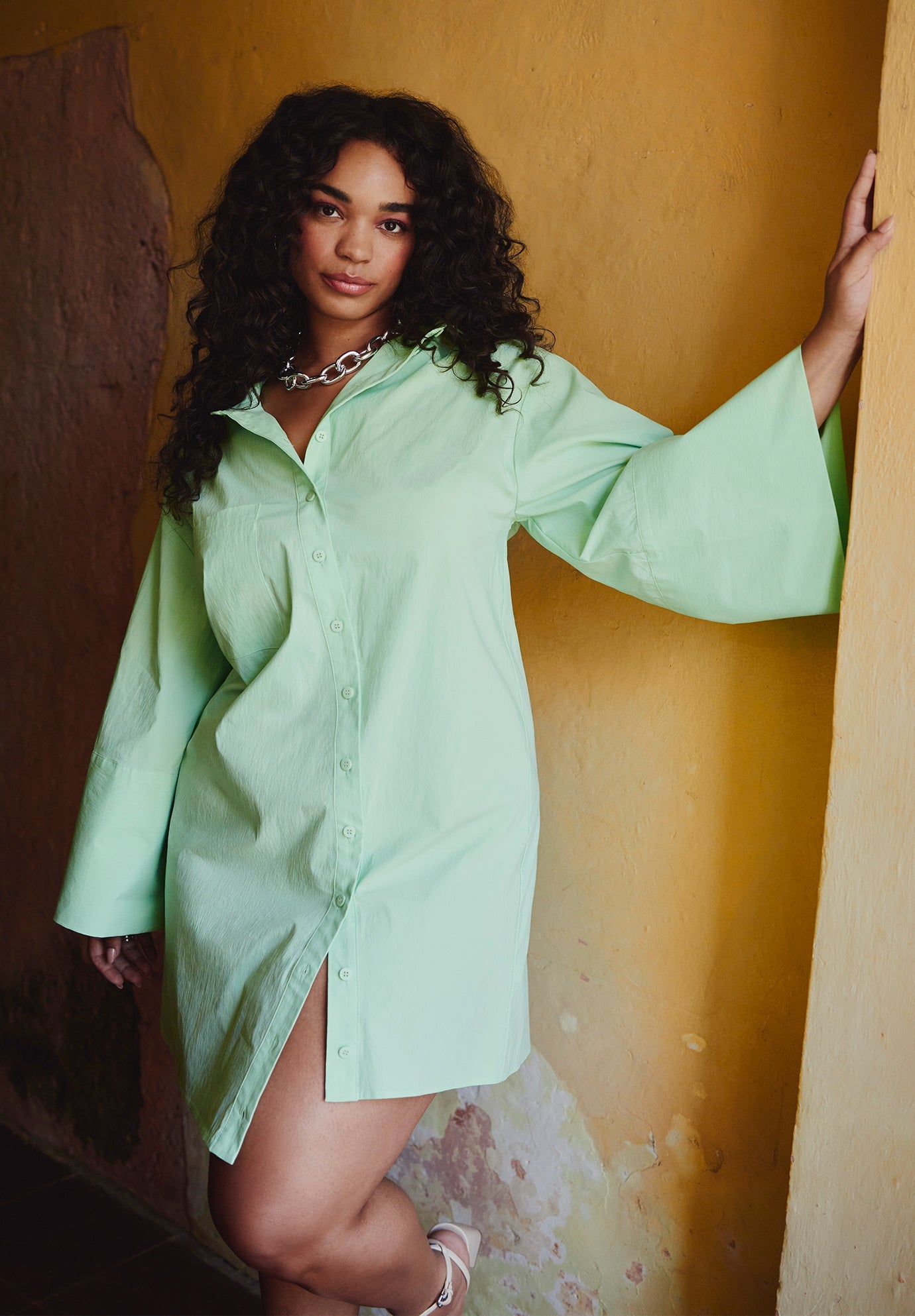 Oversized Shirt Dress with Asymmetrical Placket, Pistachio Green | ELOQUII Oversized Shirt Dress with Asymmetrical Placket, Pistachio Green | ELOQUII