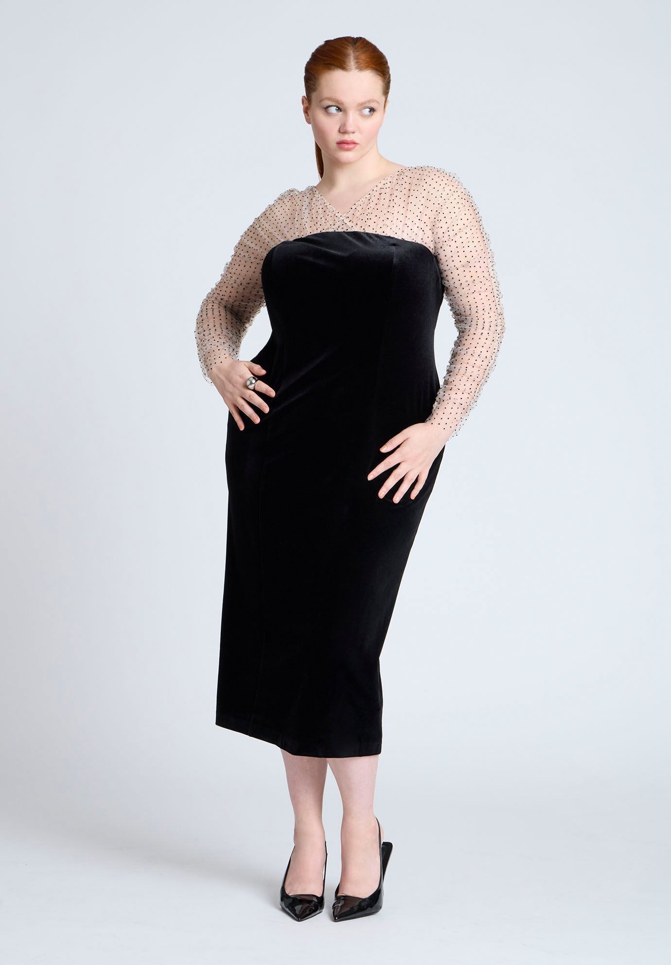 Velvet Midi Dress With Polka Dot Sleeve | ELOQUII