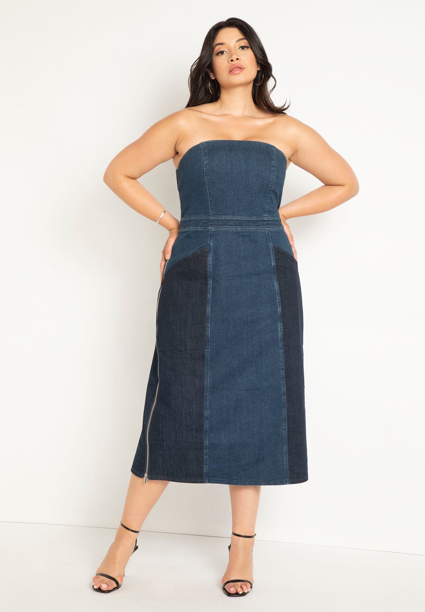 eloquii denim dress Strapless with Front Pockets, Medium Wash Cool iron as needed. Puff Sleeve Denim Jacket Dress