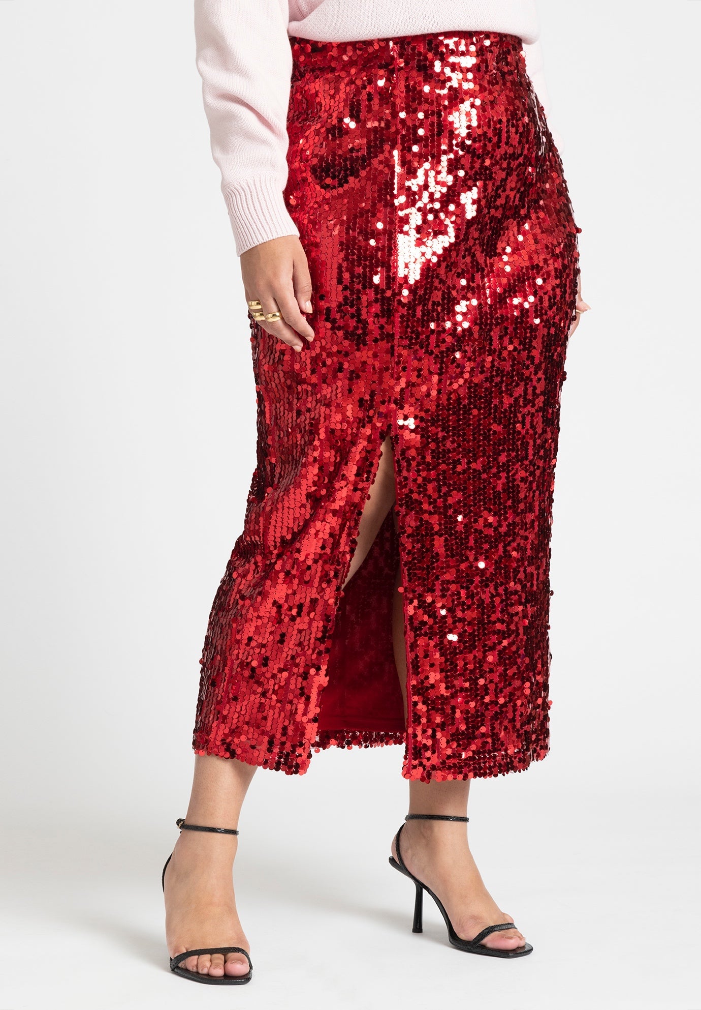 Red Sequin Tweed Midi Skirt