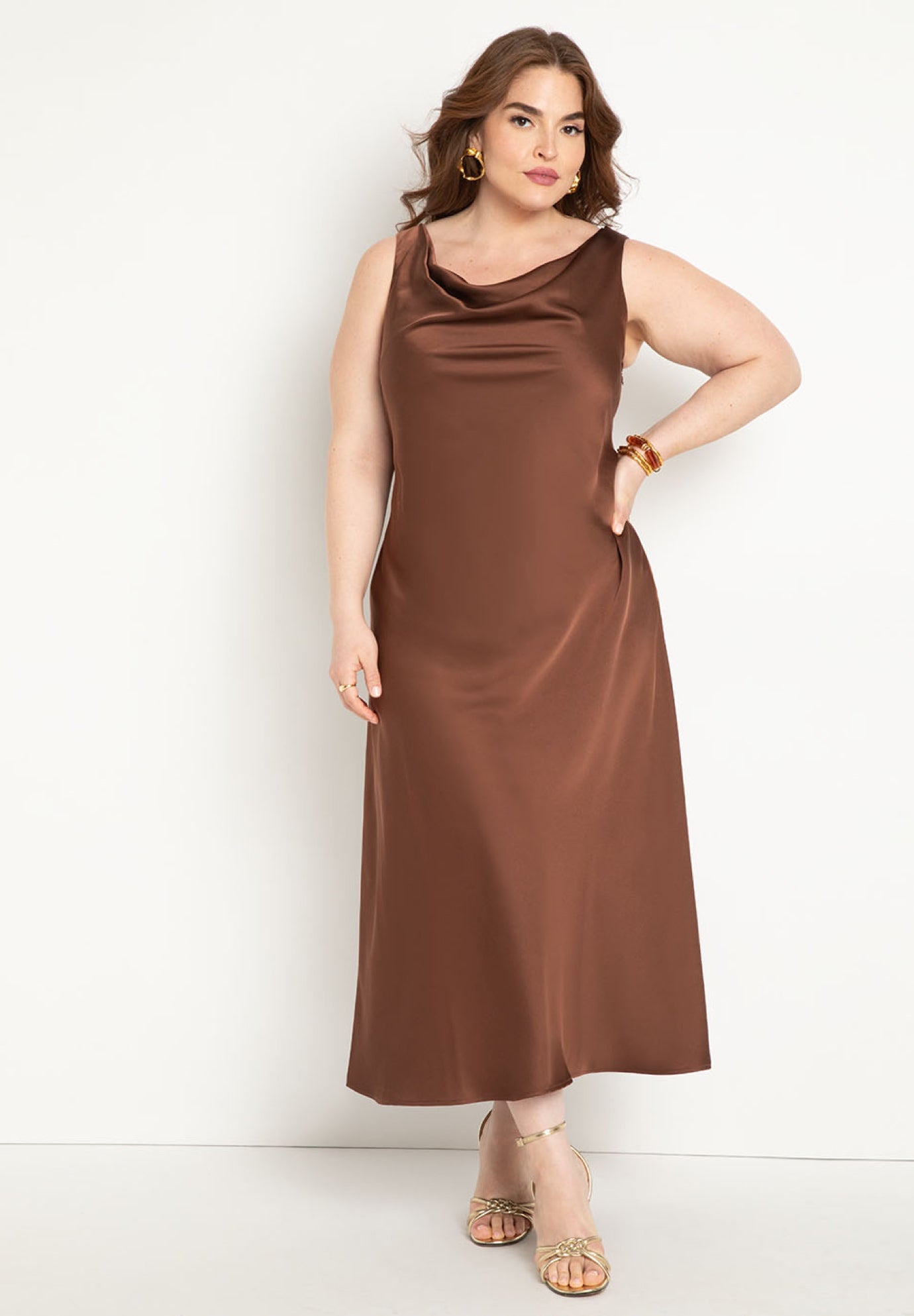 Cowl Neck Draped Satin Dress, 4473411 | Eloquii