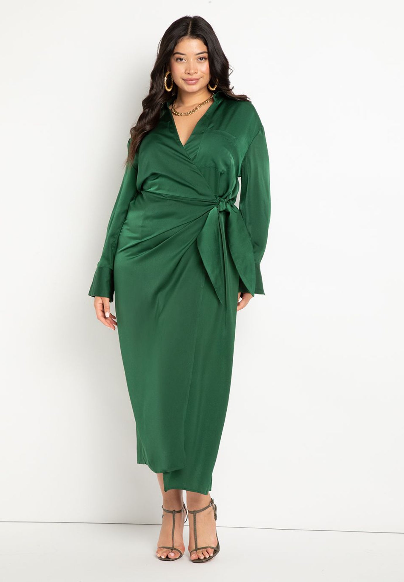 green plus size wrap dress Women Green Satin Plus Size Wrap Dress main image 1