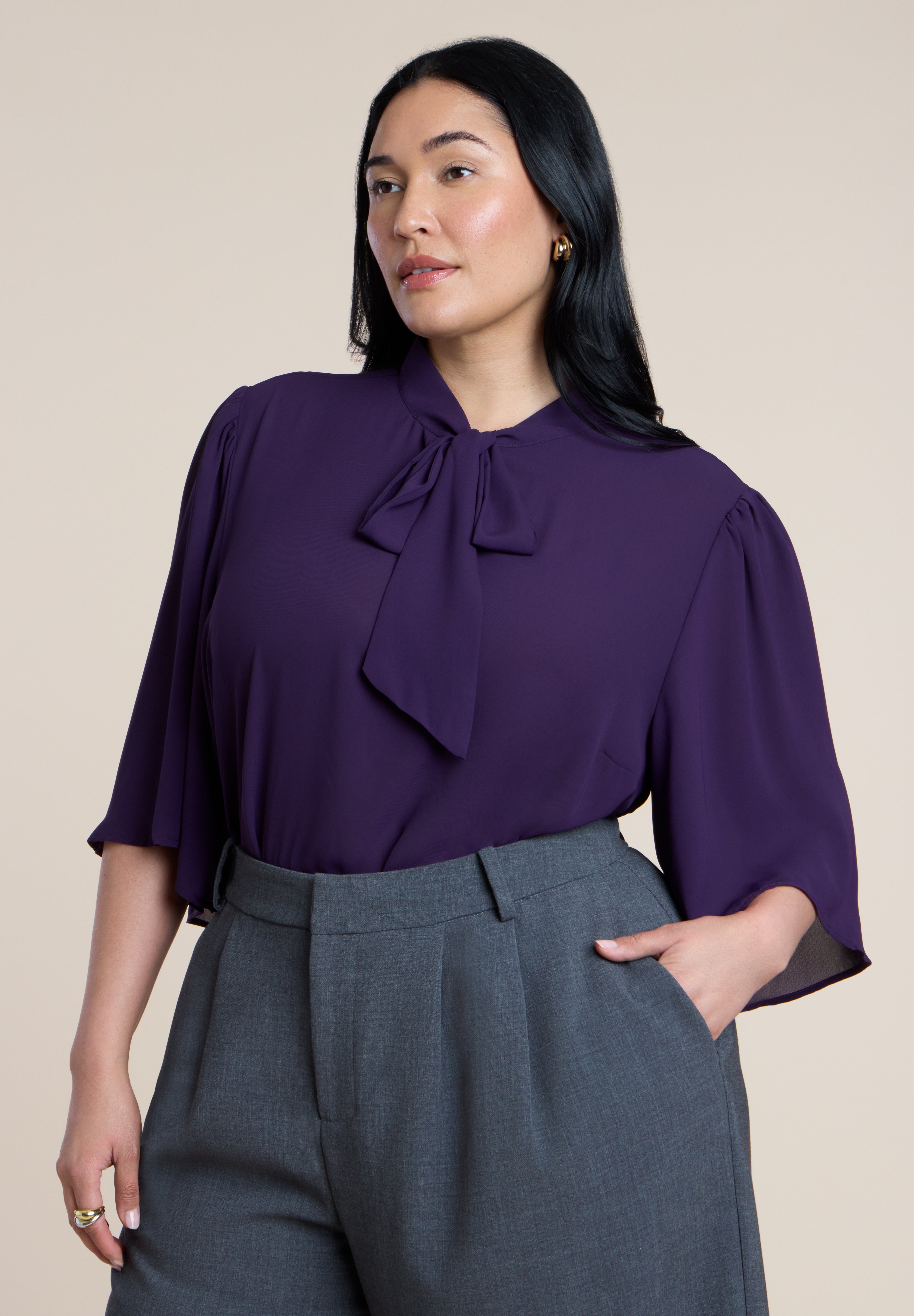Bow Tie Blouse with Flutter Sleeve, Deep Purple | ELOQUII