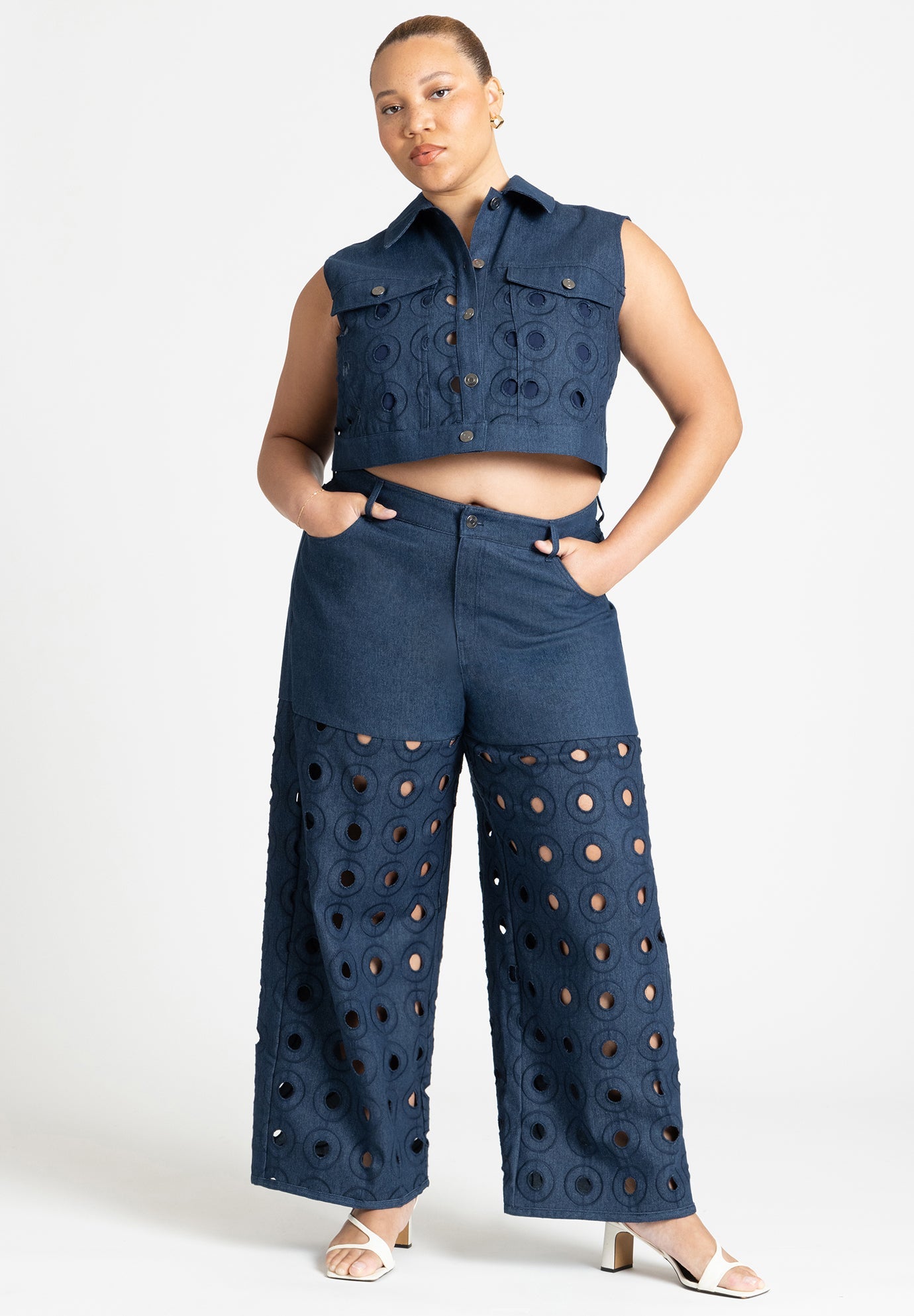 High Rise Circular Cutout Denim Pant, Dark Wash Denim | ELOQUII