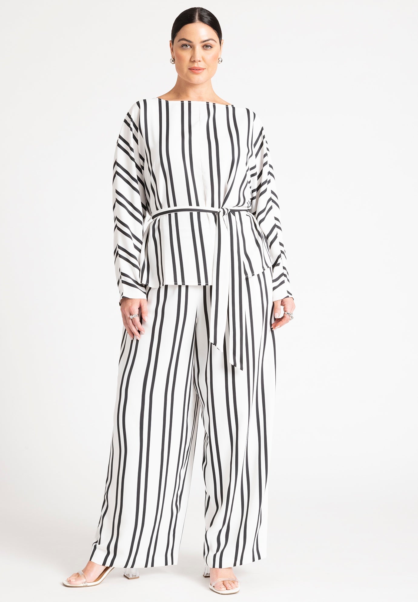 Printed Wide Leg Pant High Rise Satin, Double Stripe Eloquii