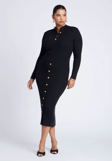 Mock Neck Rib Button Dress