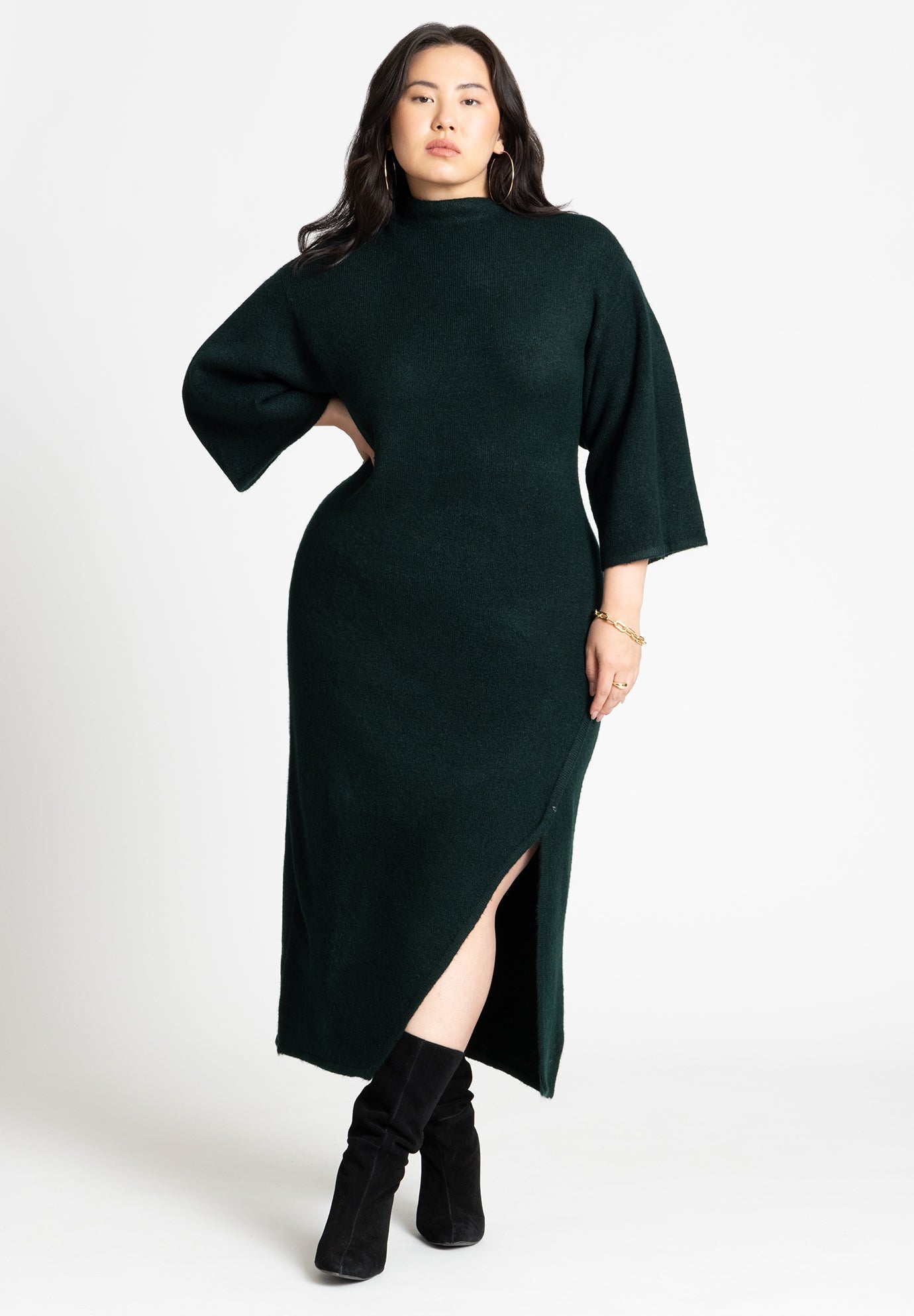 Funnel Neck Wide Sleeve Midi Dress | ELOQUII