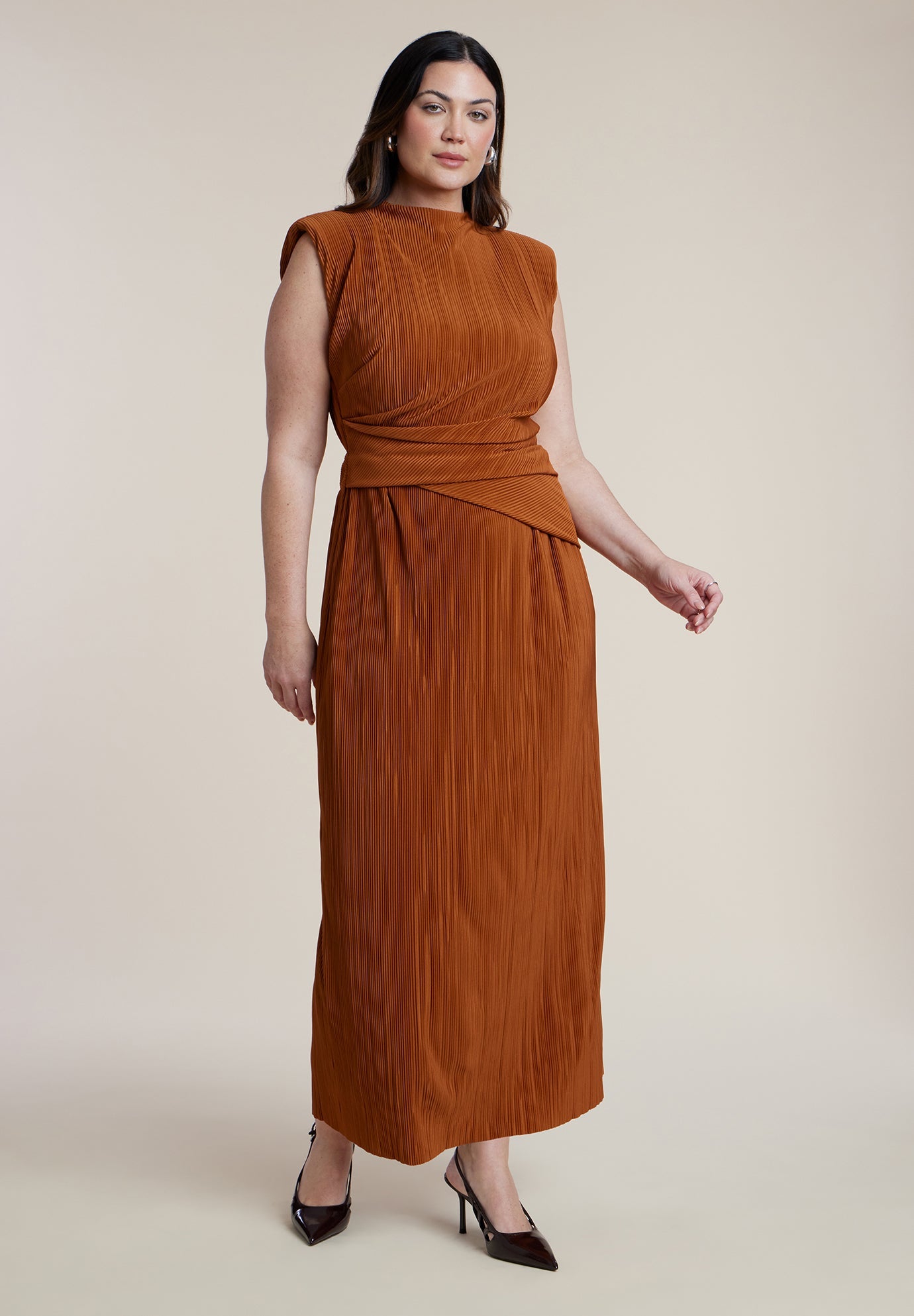 eloquii brown dress Draped Bodice Plisse Maxi 71.20 chlorine bleach when needed Designer Bridesmaid Dresses Brea, Color:Black/Purple