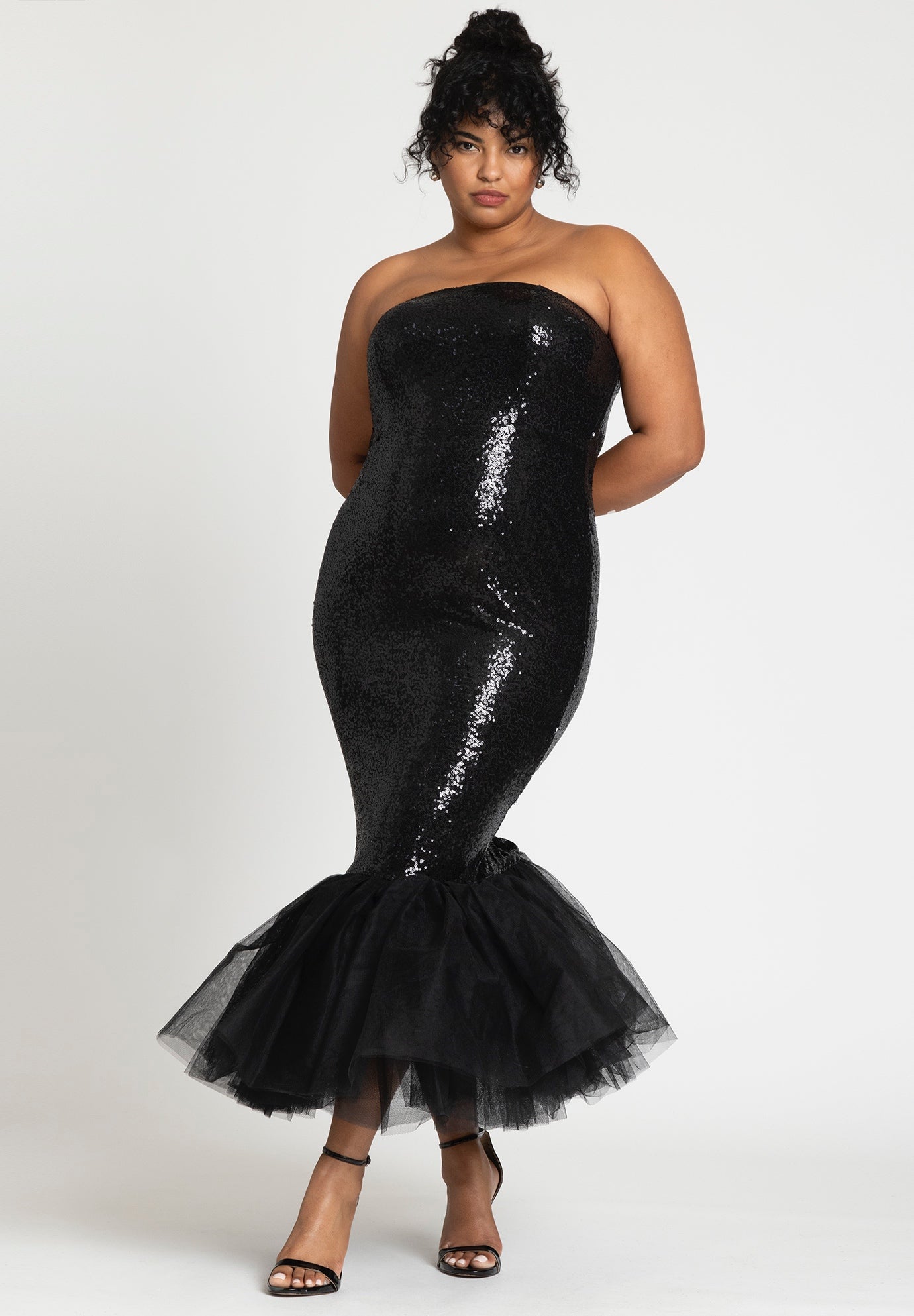 Sequin Tulle Flounce Column Dress  Strapless Midi, Black Onyx | ELOQUII