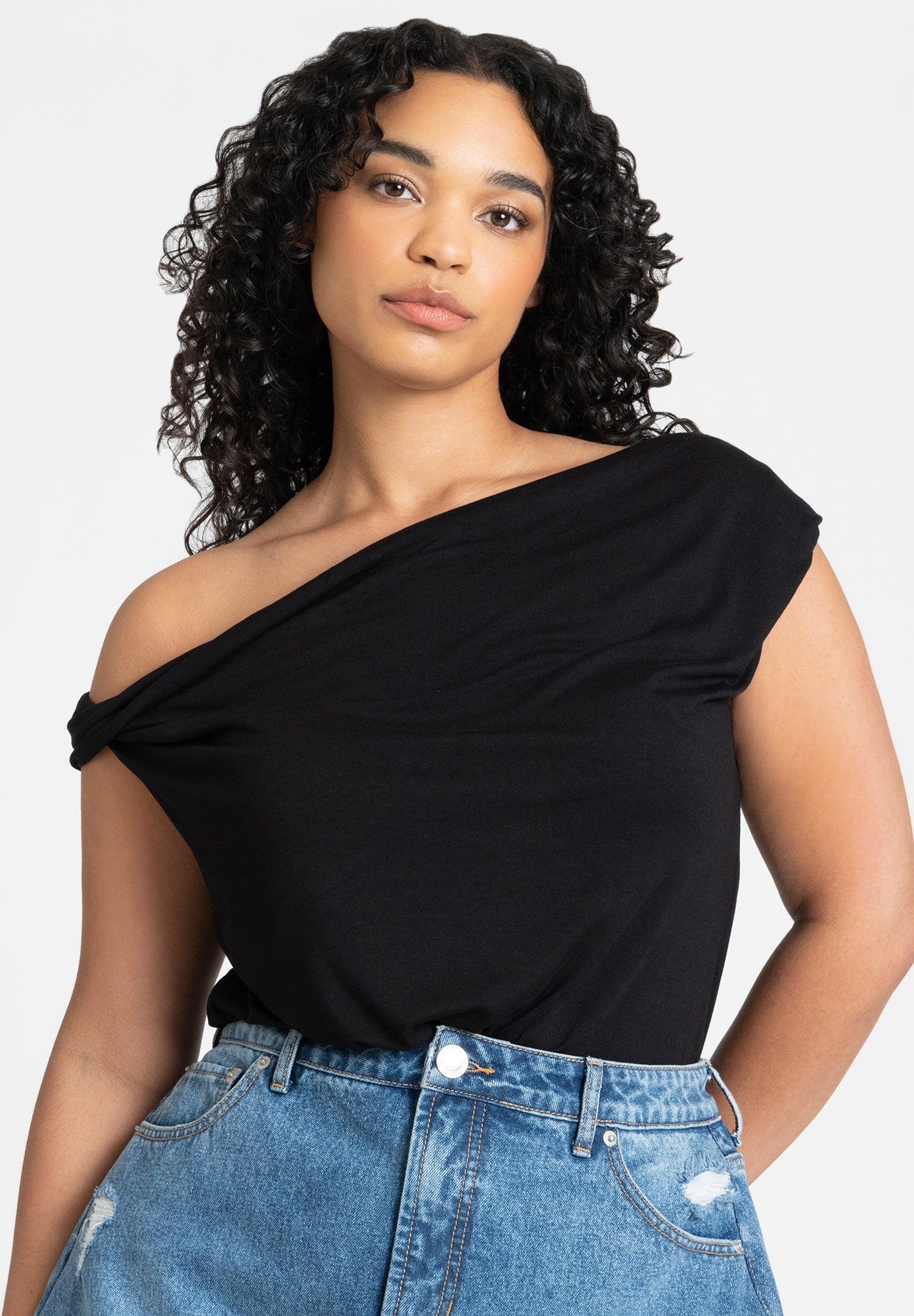 Asym Twist Sleeve Top - High-Stretch Knit Classic, Black Onyx
