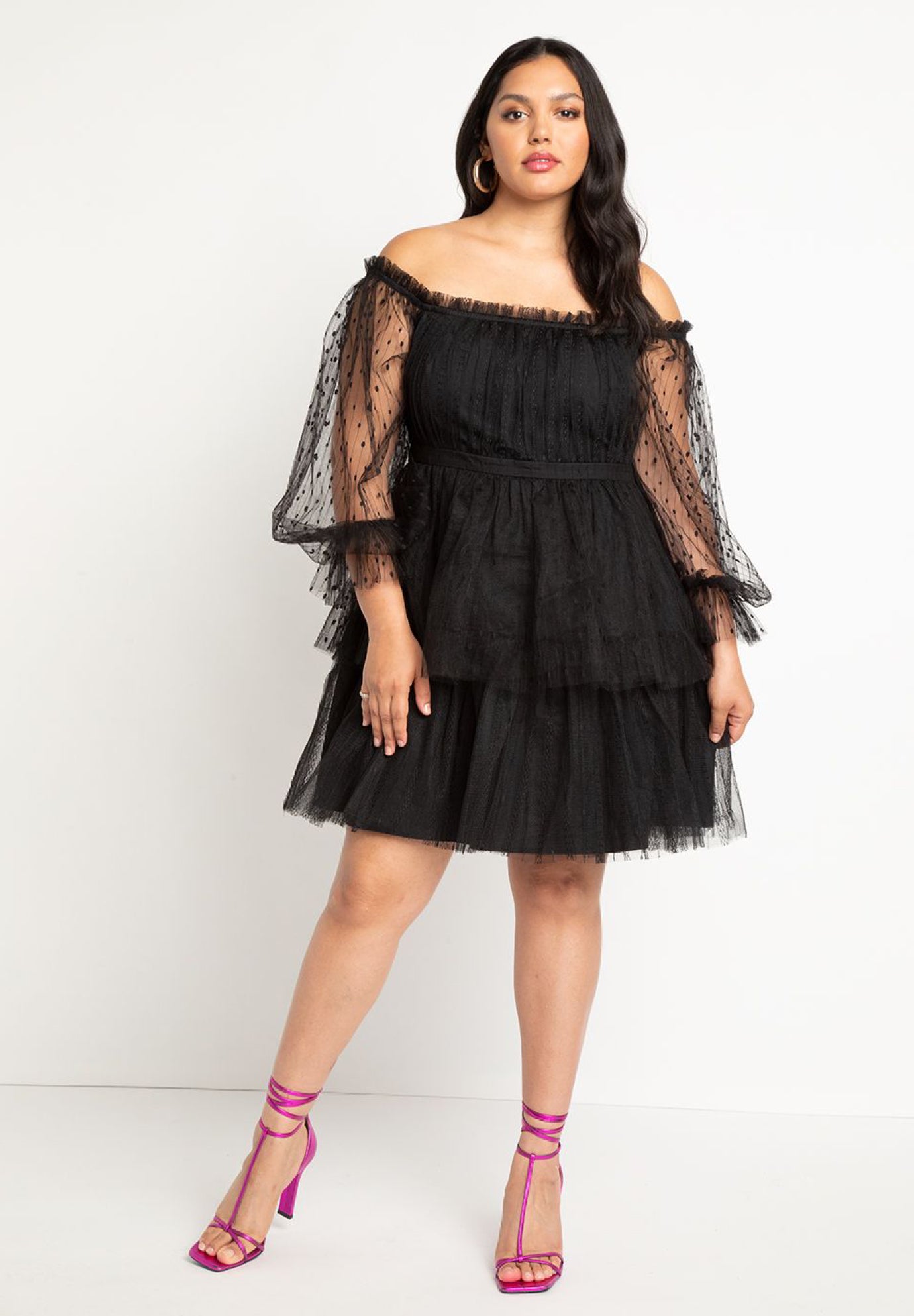 Mixed Tulle Puff Sleeve Mini Dress, 4476828 | Eloquii