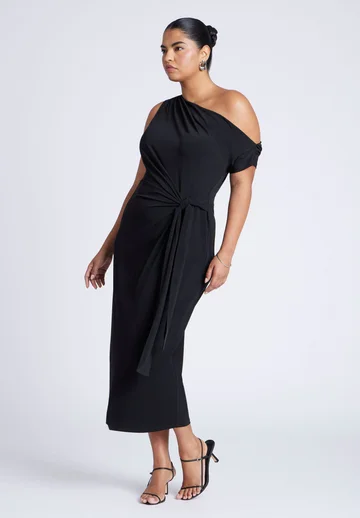 Off The Shoulder Tie Front Midi Dress