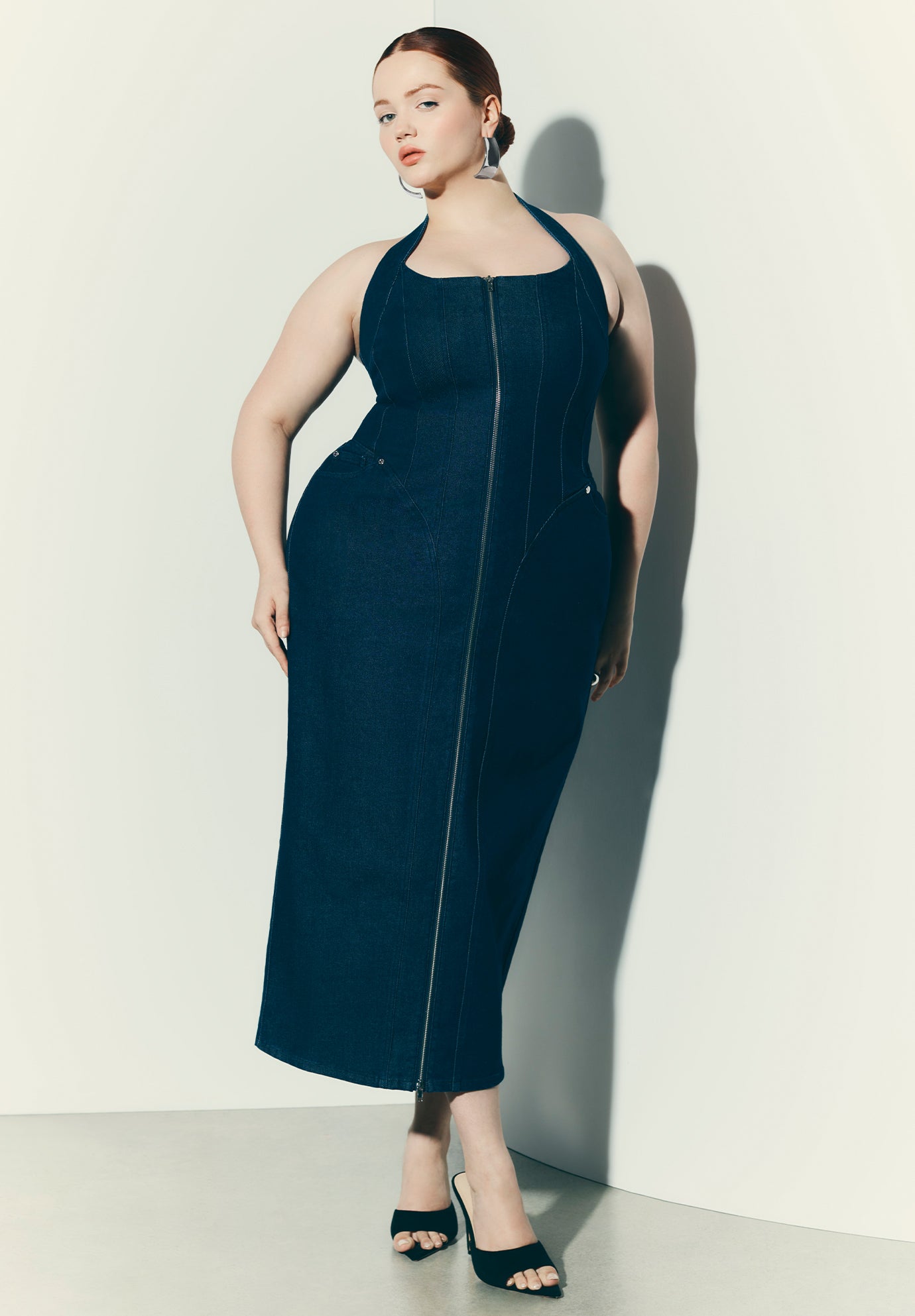 Pilcro | Zip-Front Denim Halter Midi Dress