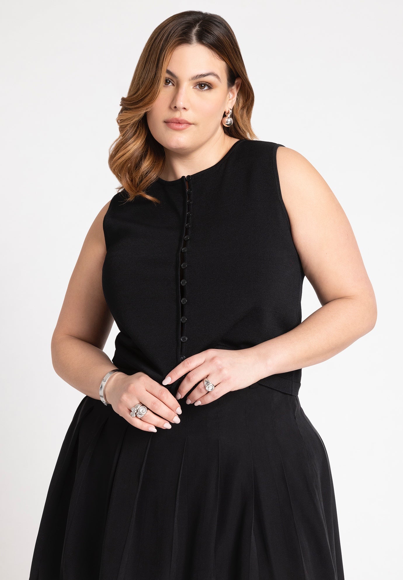 Preppy Button Front Tank Top Stretch Knit, 4488863 Eloquii