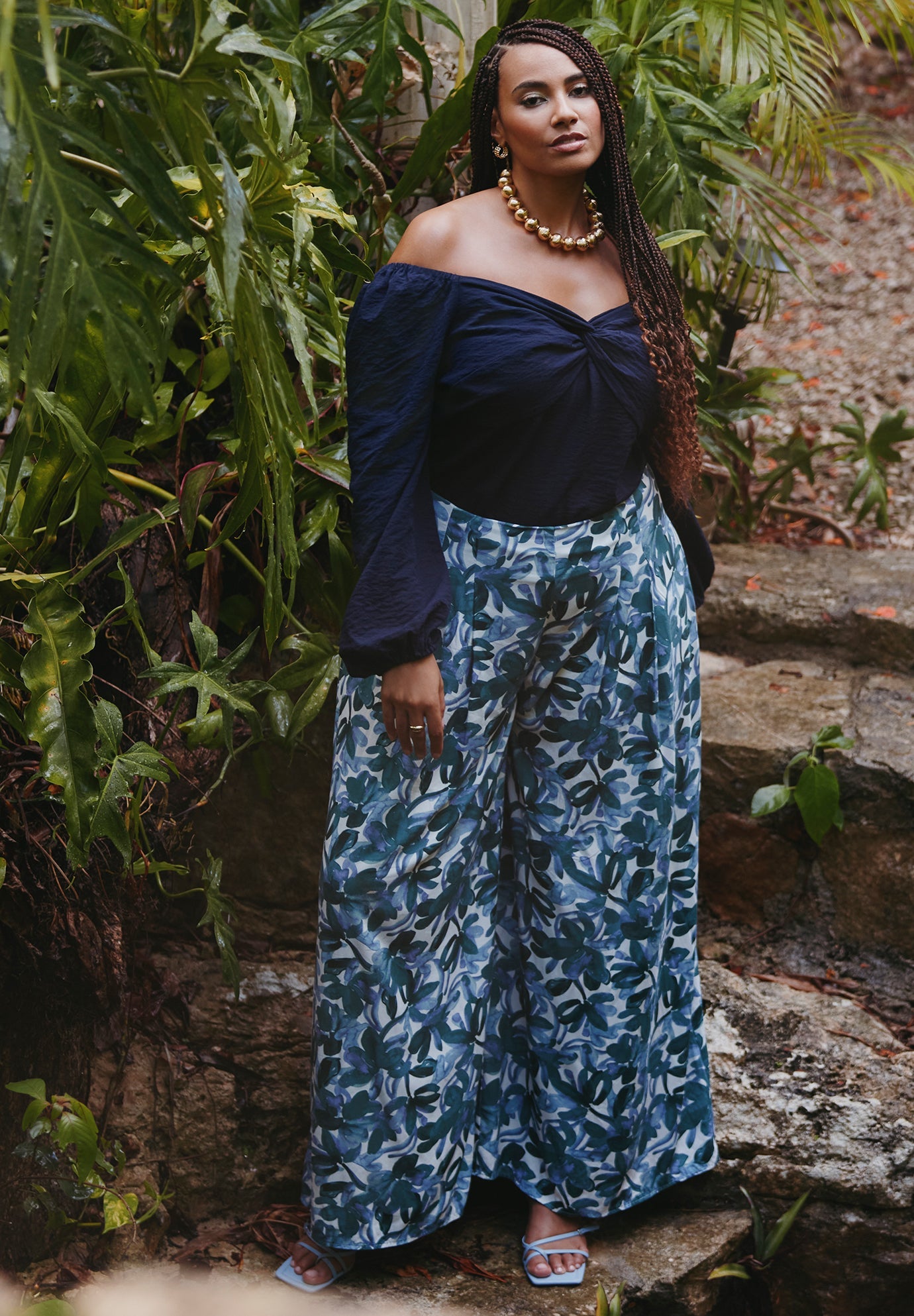 Wide Leg Flared Pants with Front Pleats, Porto Venere - Blue | ELOQUII