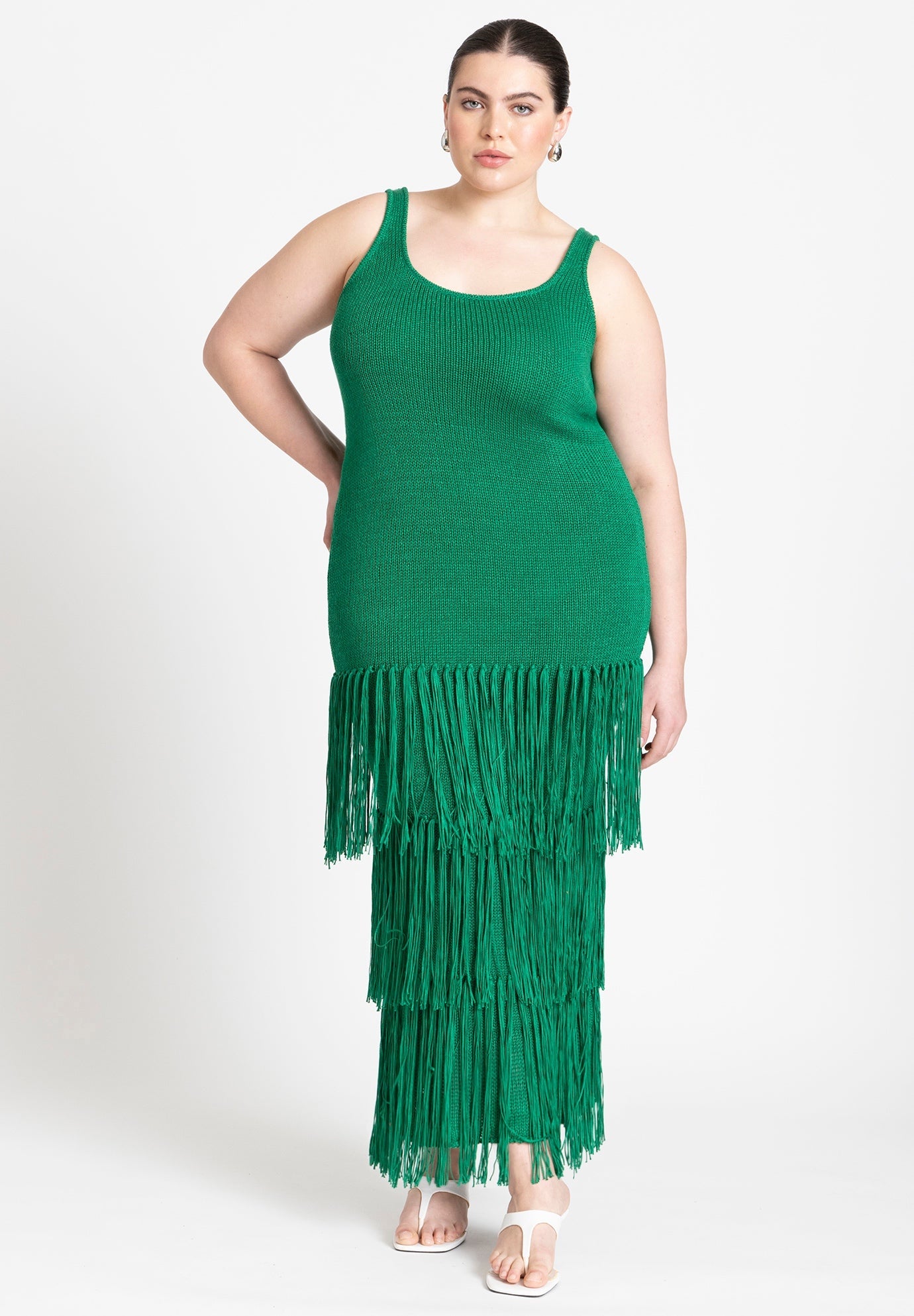 chinese dress ladies Final Sale Plus Size Mesh Cover-Up Dress with Cutout Front and Fringe Trim in Neon Green