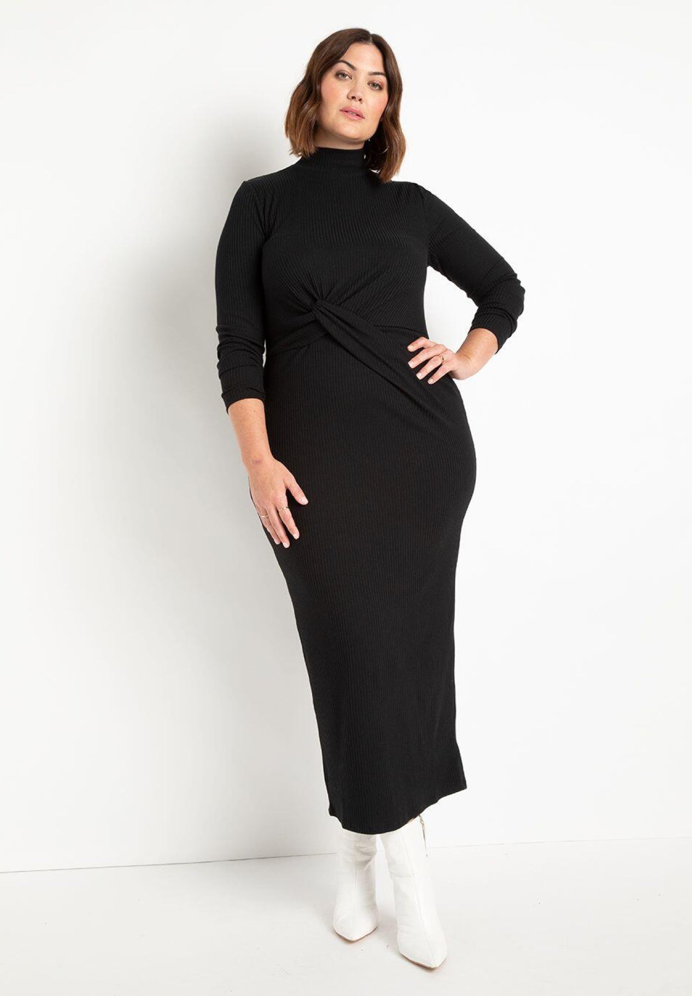 Twist Detail Ribbed Midi Dress - Mock Neck, 4473043 | ELOQUII