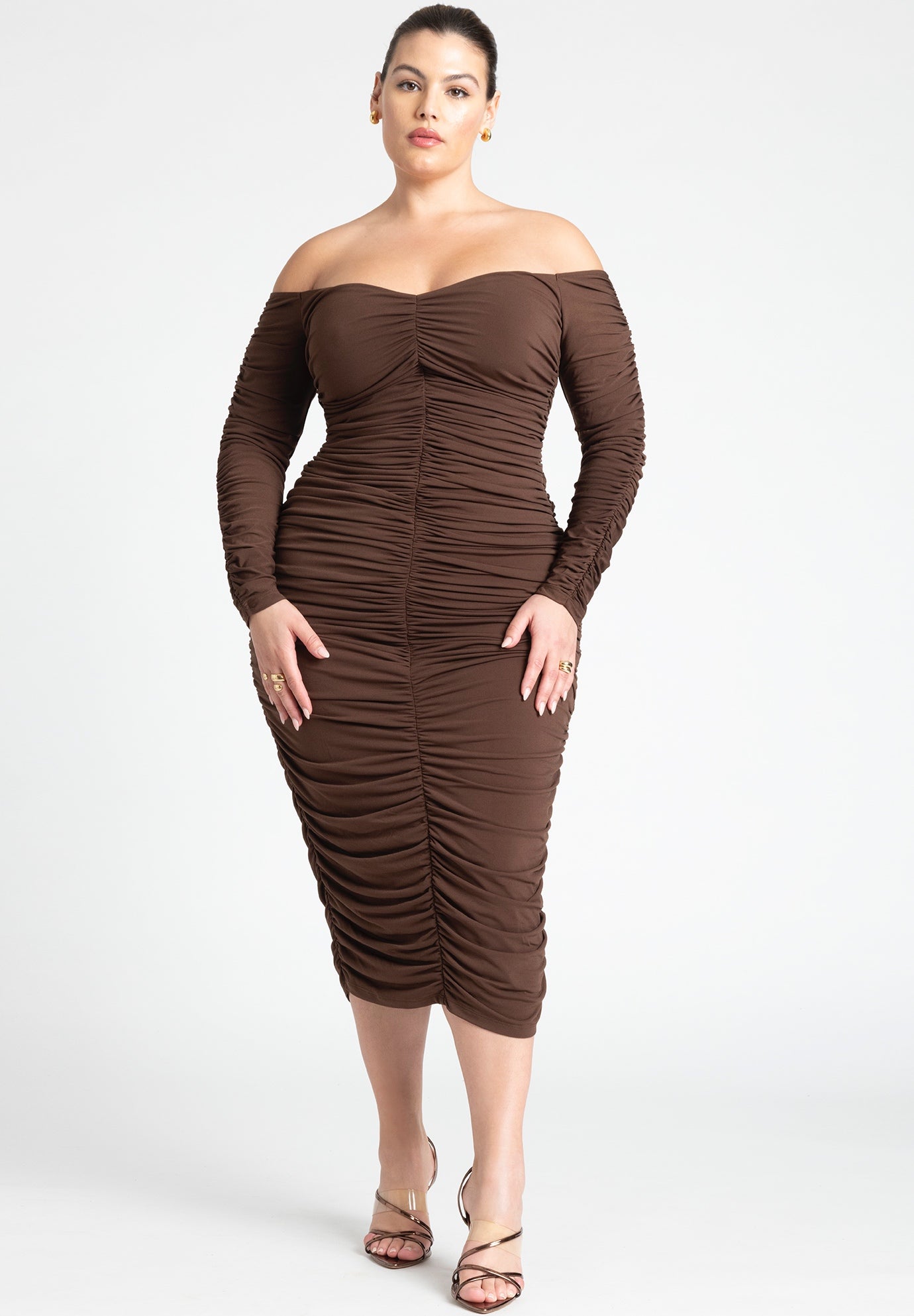 Elegant Ruched Off-Shoulder Dress in Luxe Fabric