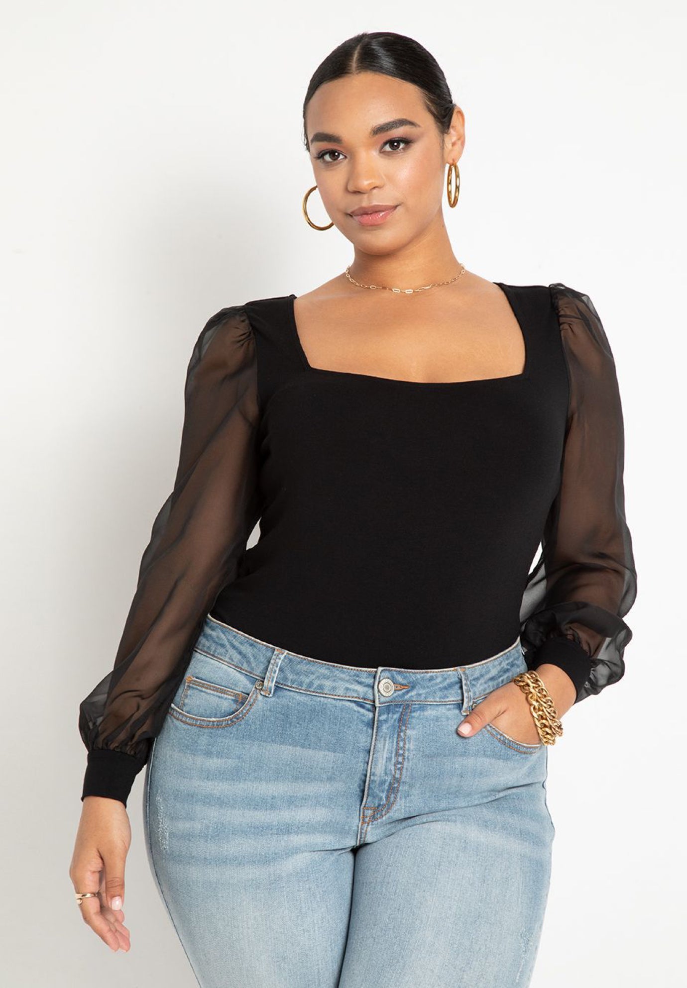 Square Neck Top with Sheer Sleeves, Knit Fabric, 4476041 | ELOQUII