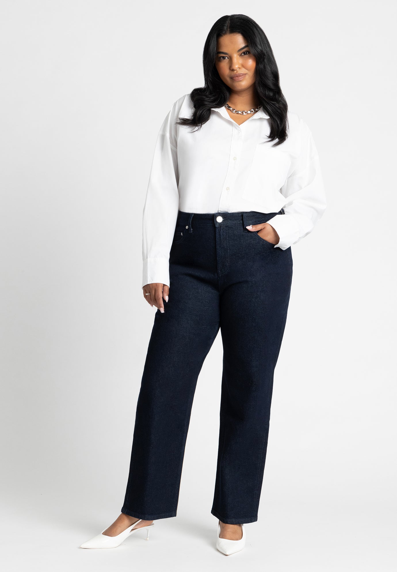 High Rise Naomi Stretch Straight Jeans, True Dark Rinse | ELOQUII