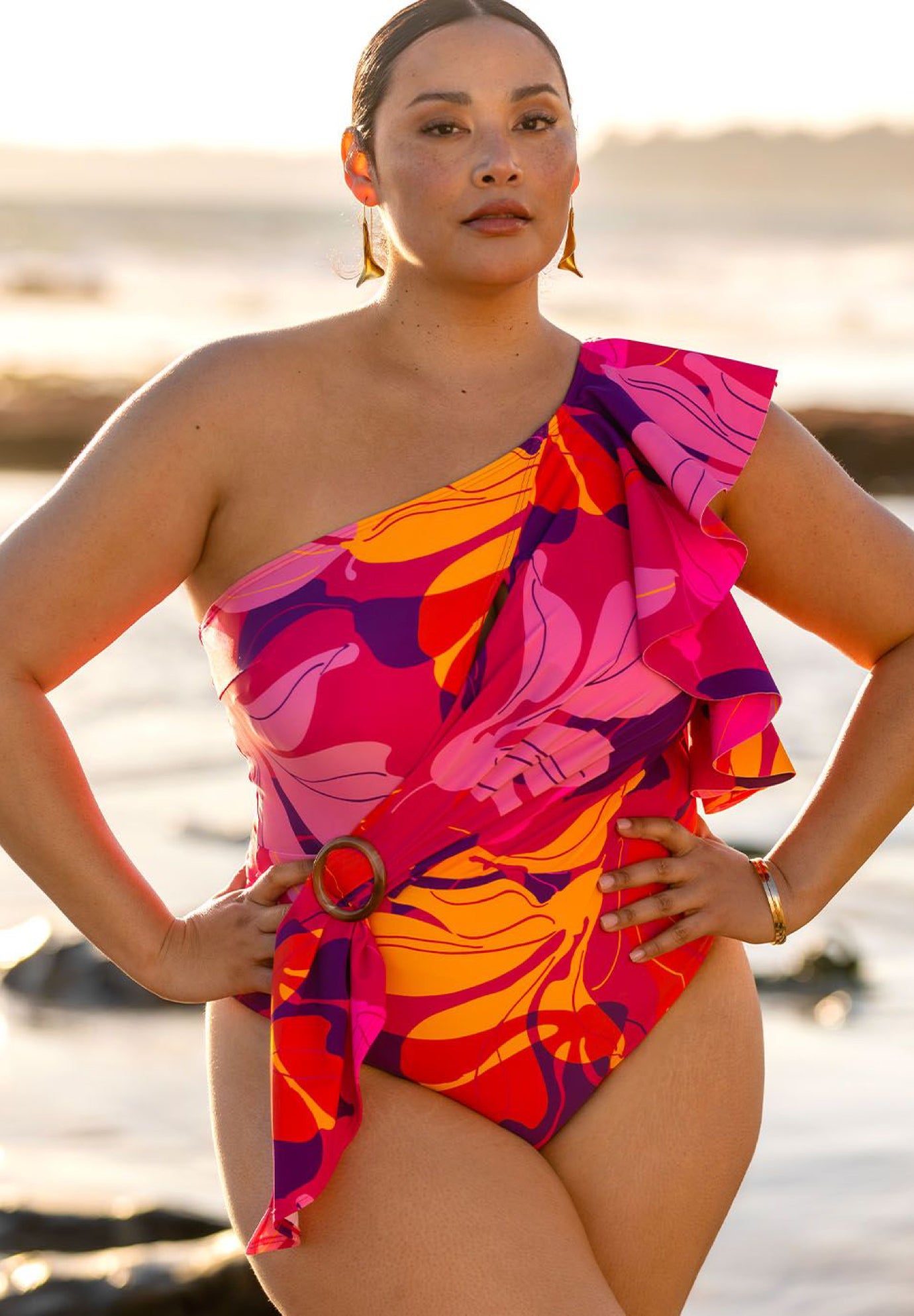One Shoulder Ruffle Swimsuit - Waist Tie, 4476652 | Eloquii