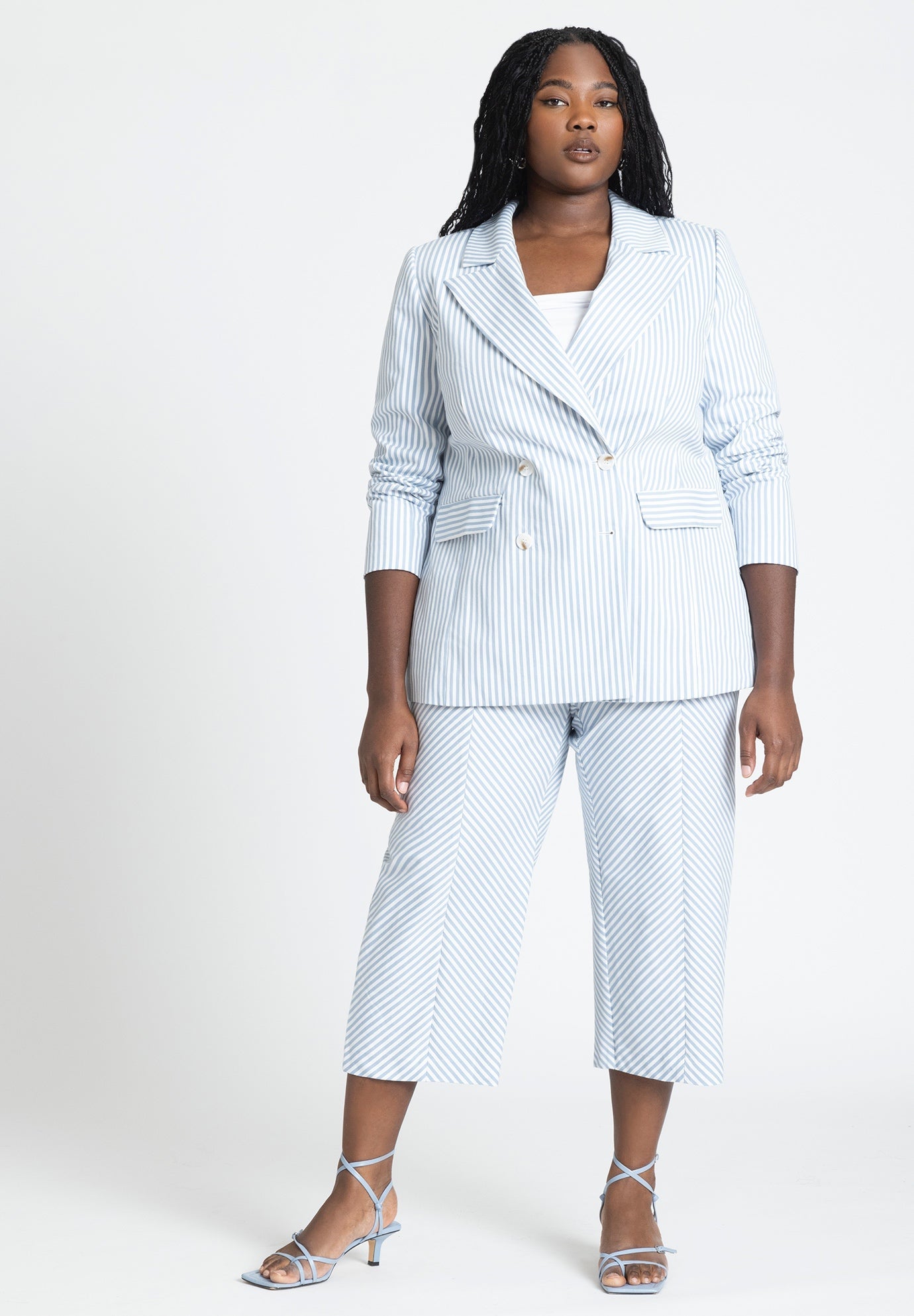 High Rise Pinstripe Culotte Pants, Blue Eloquii