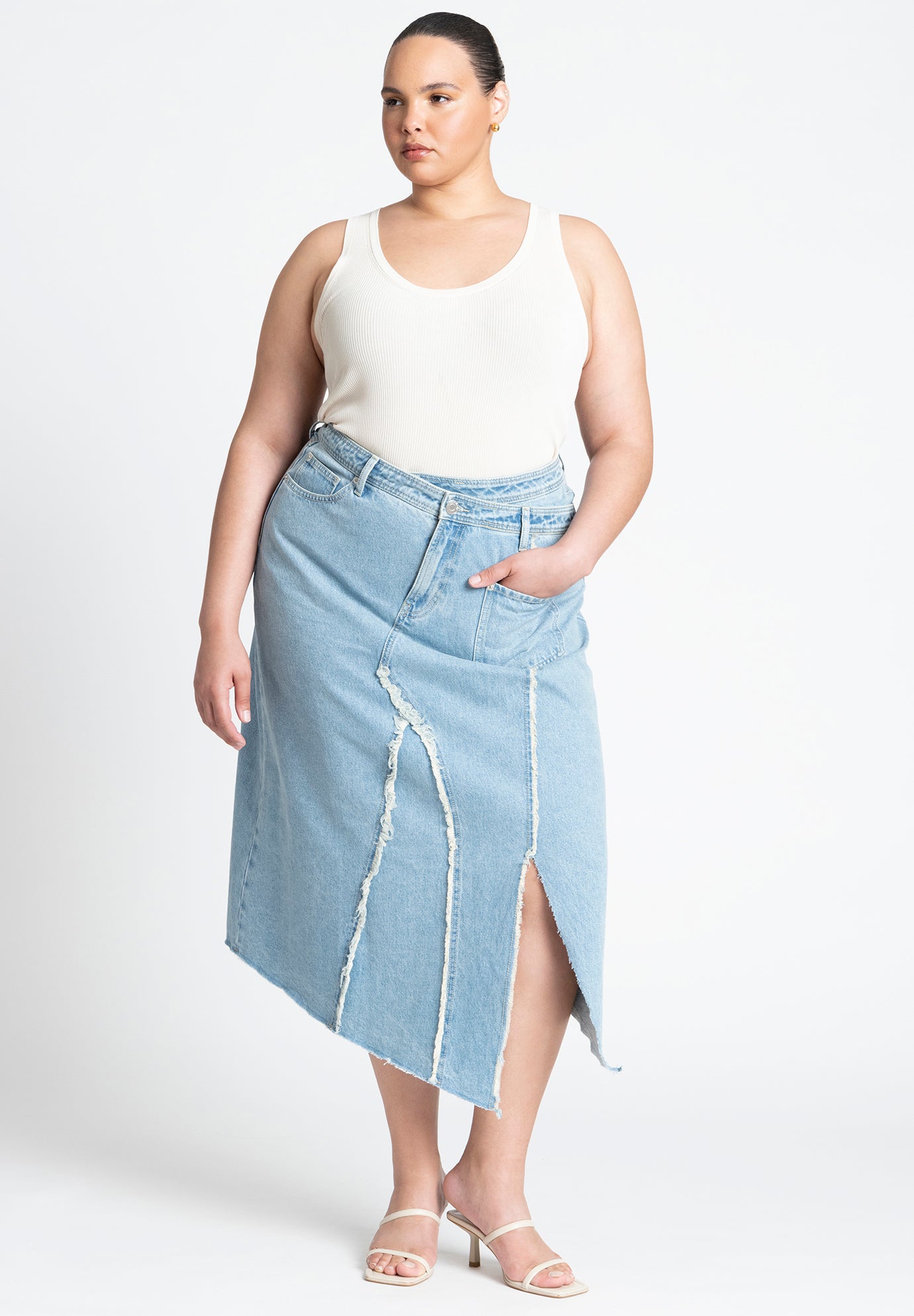 High Rise Deconstructed Denim Skirt, Light Wash | Eloquii