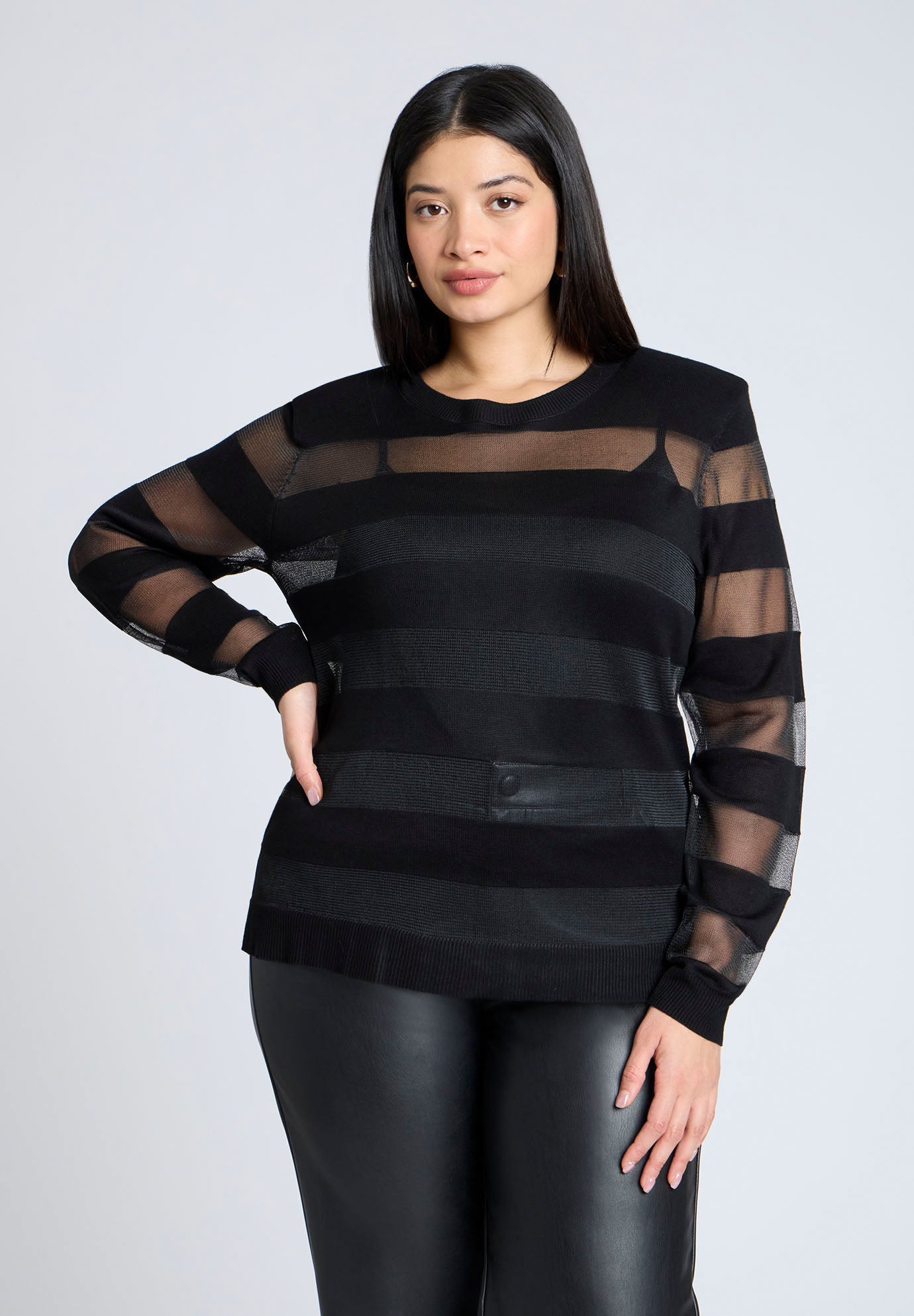 Sheer Stripe Sweater Shoulder Pad Design Black Eloquii