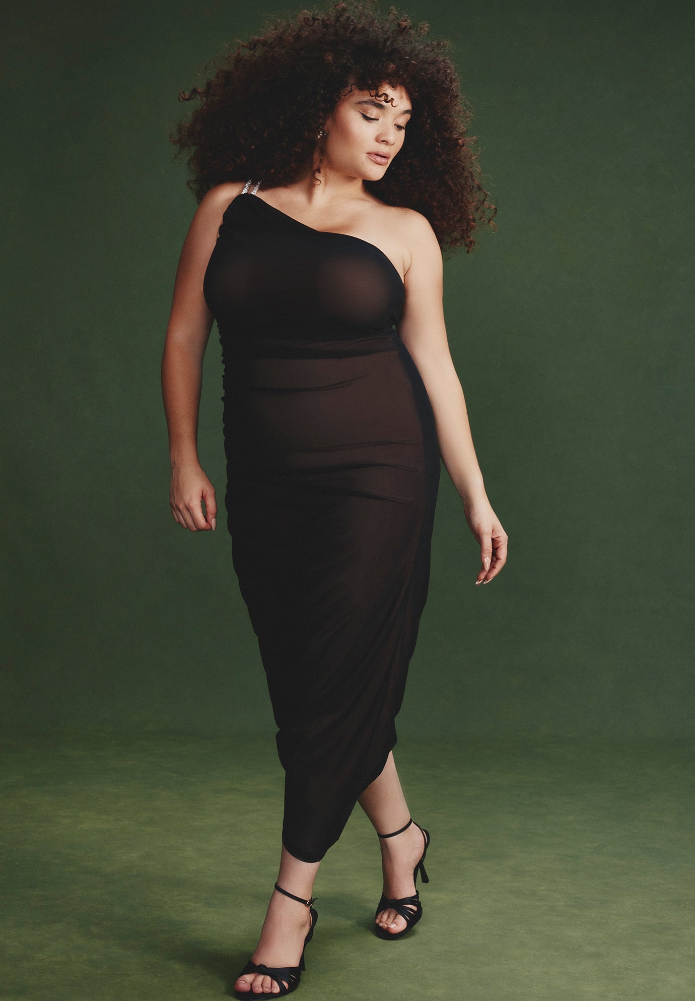 one shoulder dress with sheer overlay One-Shoulder Gown with Pleated Overlay and Sheer Sleeve 44687