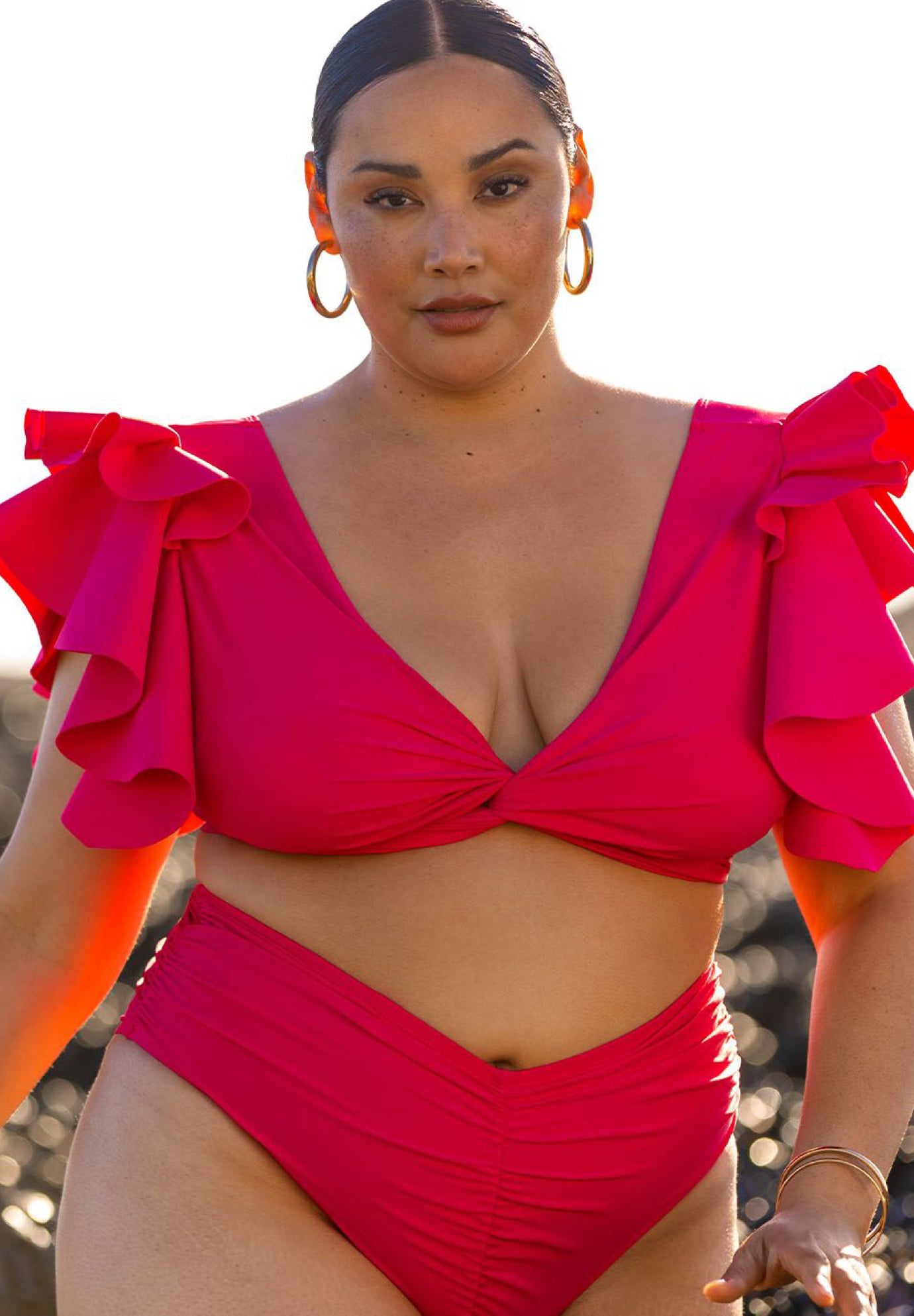 Foto revolution med tiden Twist Front Ruffle Shoulder Bikini Top | Eloquii
