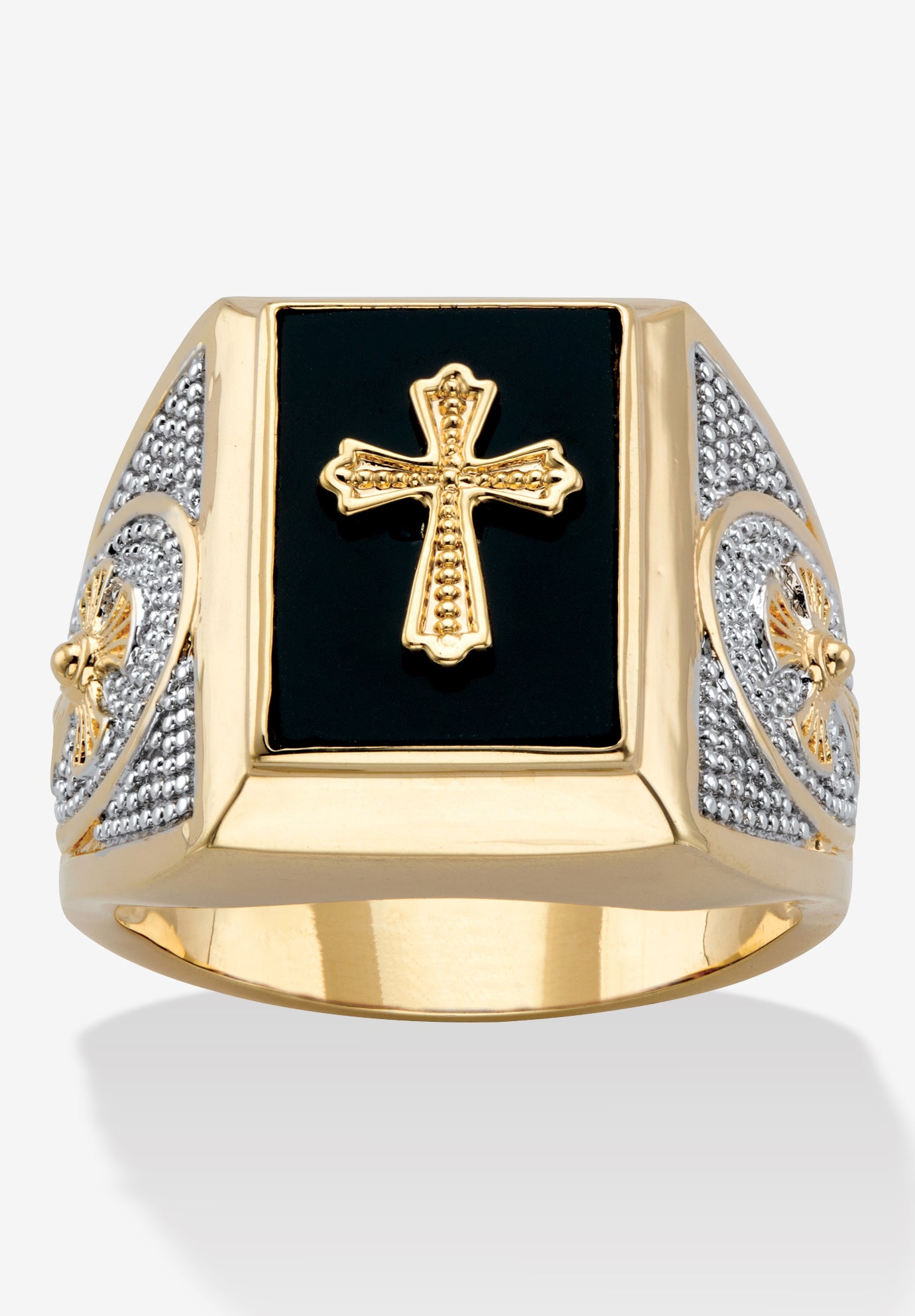 Men'S Yellow Gold-Plated Natural Black Onyx Textured Cross Ring